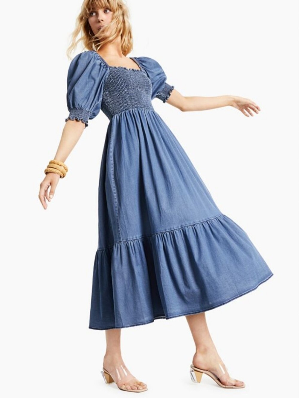 INC International Concepts Puff Sleeve Smocked Denim Midi Dress